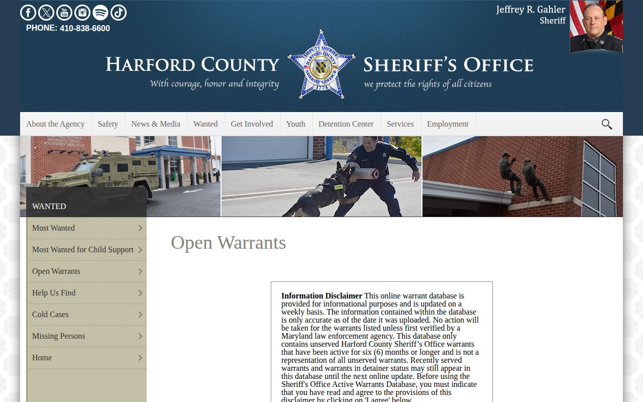 Harford County arrest warrant search warning and interface