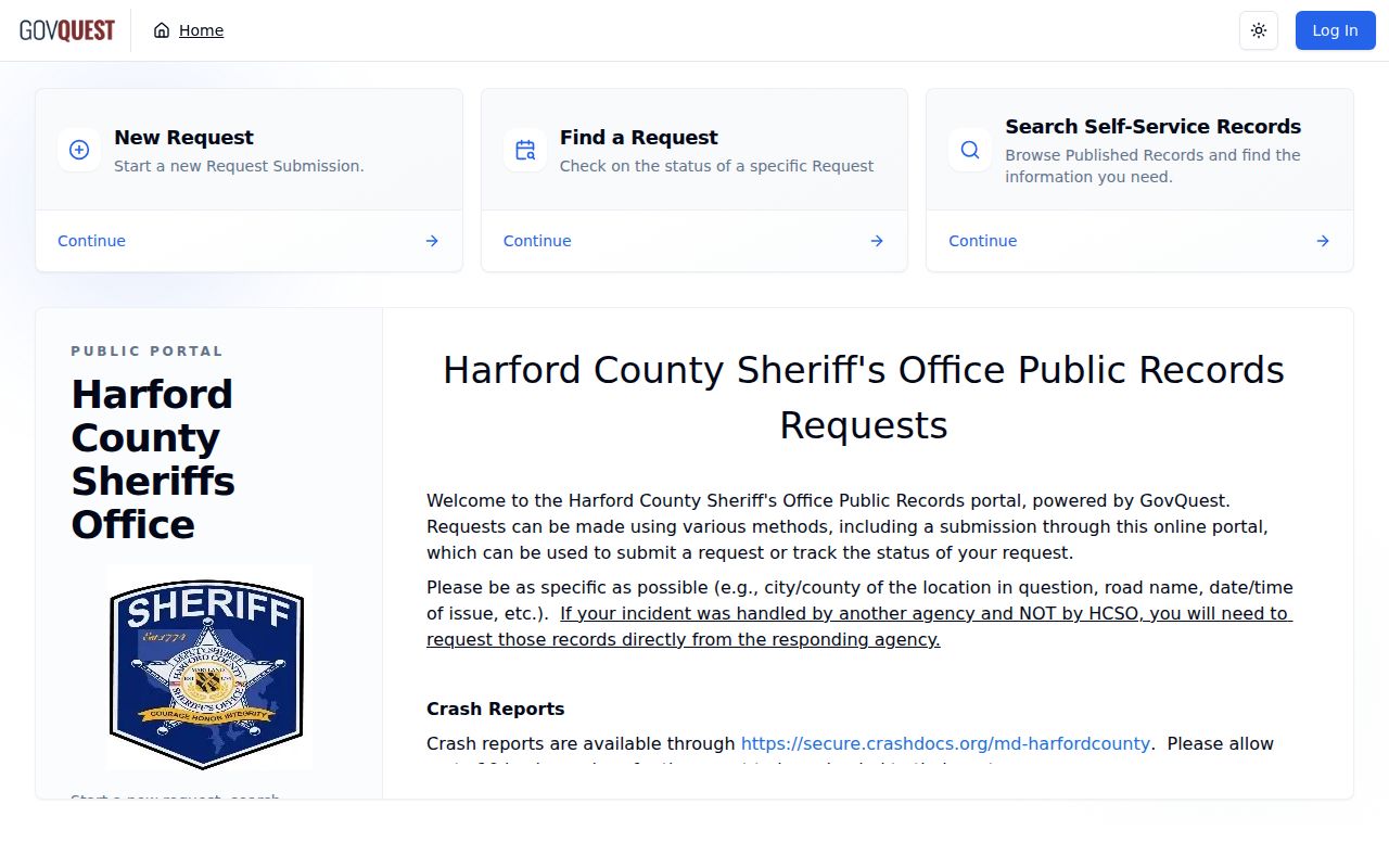 Harford County Sheriff booking record request portal
