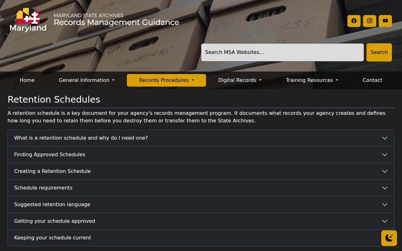 Maryland State Archives records retention schedule information